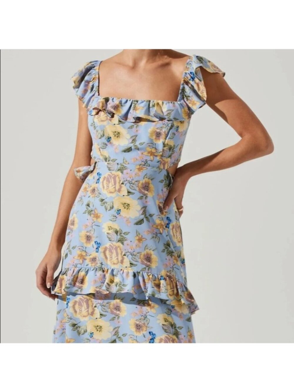 ASTR The Label Dress S Blue Yellow Floral Ruffle Tiered Cutout Bow Cottagecore - Picture 10 of 10